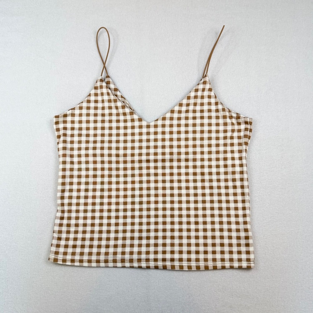 Gaze Womens Brown Gingham V-Neck Spaghetti Strap Cami Top Large